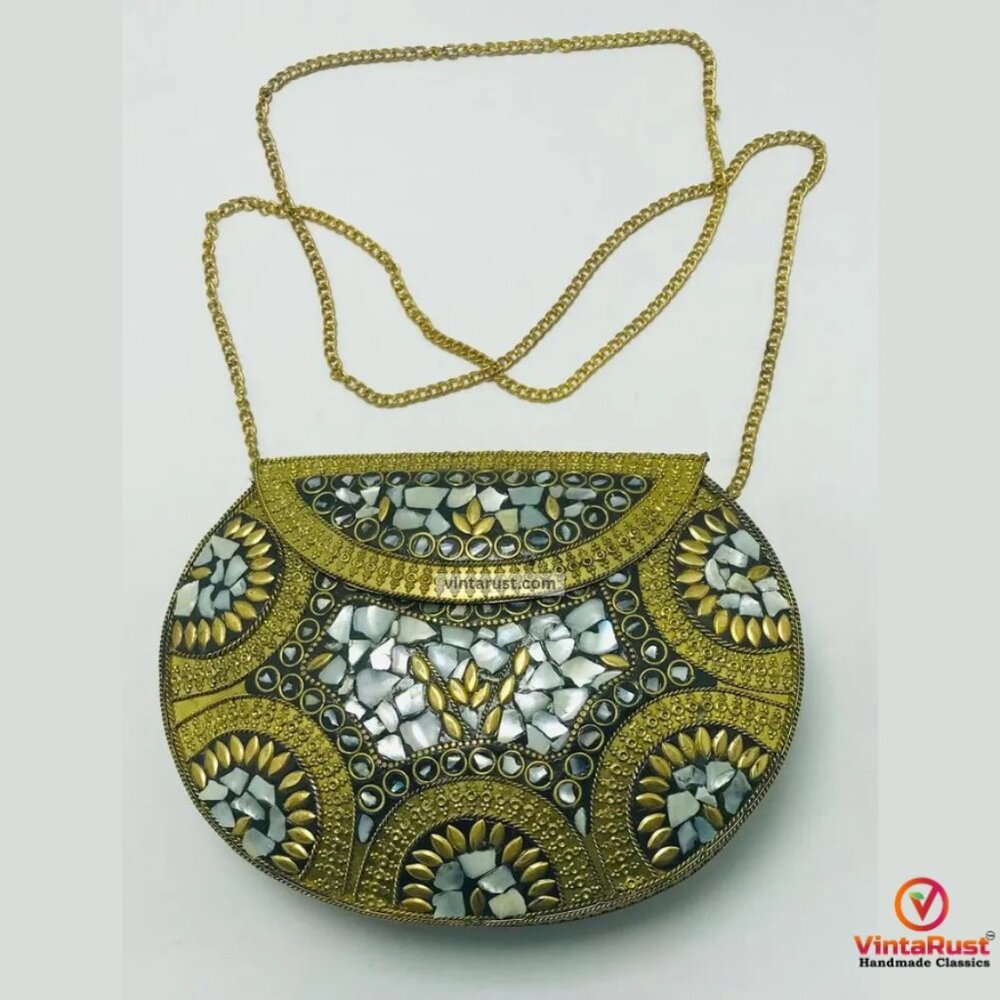 Handmade Kuchi Tribal Clutch: Black & Gold Mosaic Evening Bag